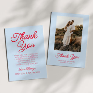 Modern Minimalist Blue and Red Picture Wedding Thank You Card