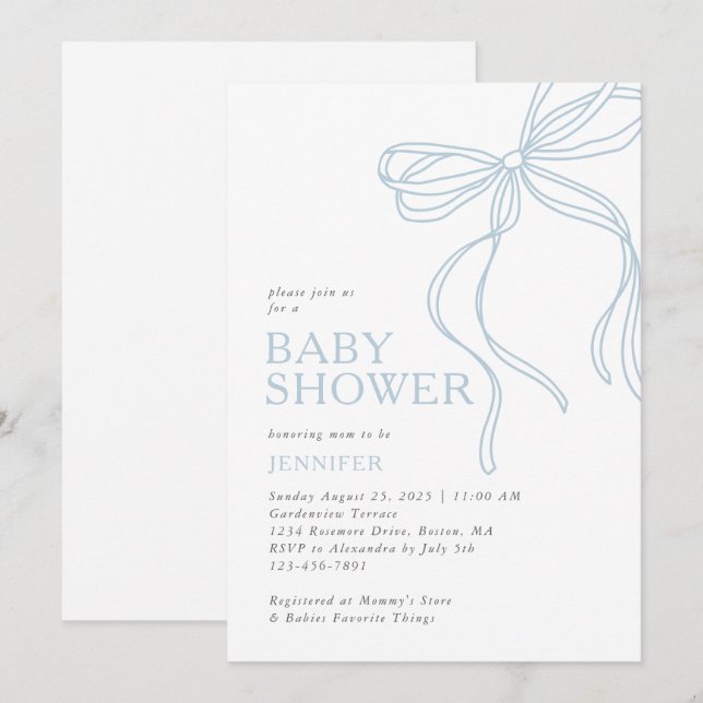 Modern Minimalist Blue Bow Baby Boy Shower Invitation (Front/Back)