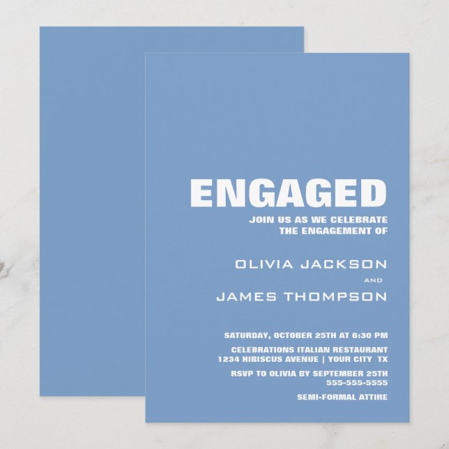 Modern Minimalist Blue Engagement Party Invitation (Front/Back)