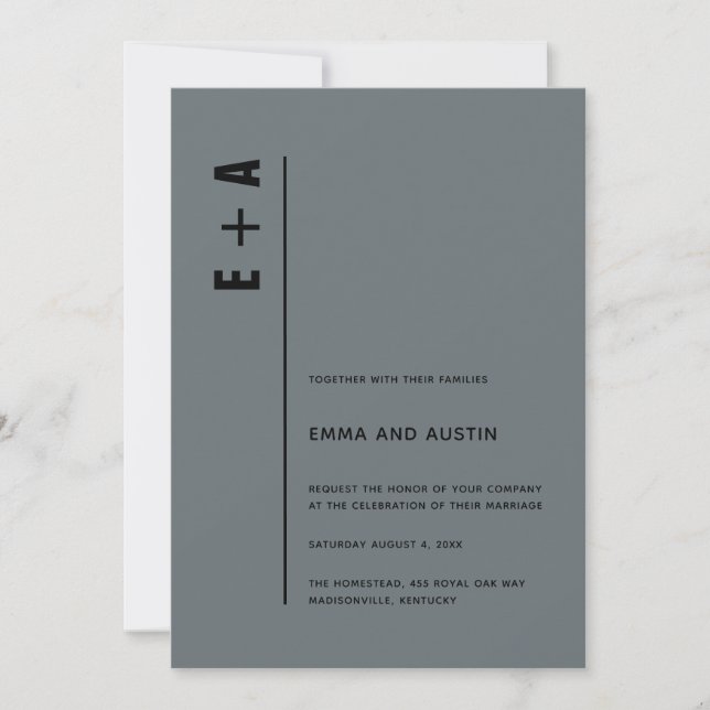 Modern Minimalist Blue Grey Bold Initials Wedding Invitation (Front)