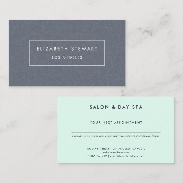 Modern Minimalist Blue Linen and Light Mint Green Appointment Card (Front/Back)
