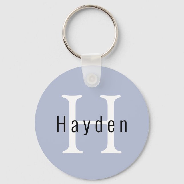 Modern Minimalist Blue Monogram Name + Initial Key Ring (Front)
