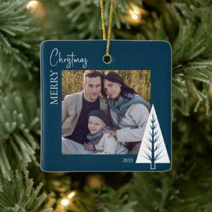 modern minimalist blue photo christmas keepsake ceramic ornament