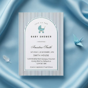Modern & Minimalist Blue Stripes Stroller Boy Invitation