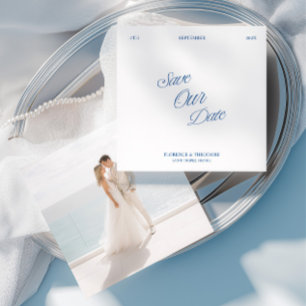 Modern Minimalist Blue & White Photo Save the Date Invitation
