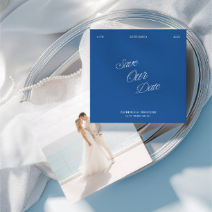 Modern Minimalist Blue & White Photo Save the Date Invitation