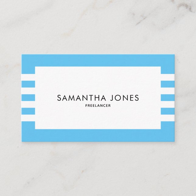 Modern Minimalist Blue White Stripes Freelancer Business Card (Front)