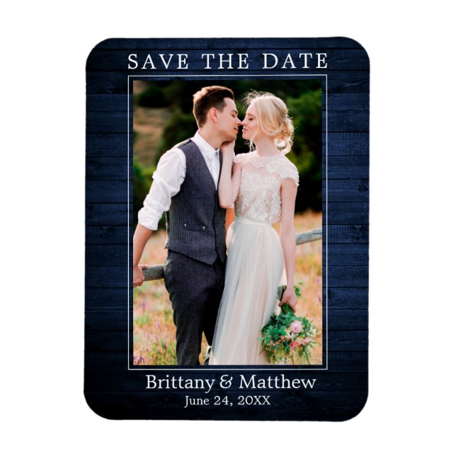 Modern Minimalist Blue Wood Print Save the Date Magnet (Vertical)