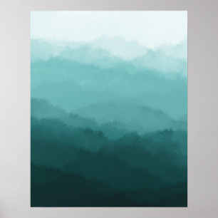 Modern Minimalist Bluish Green Mountains Abstract Poster