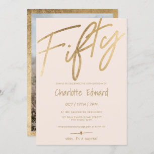 Modern minimalist blush gold photo surprise fifty invitation