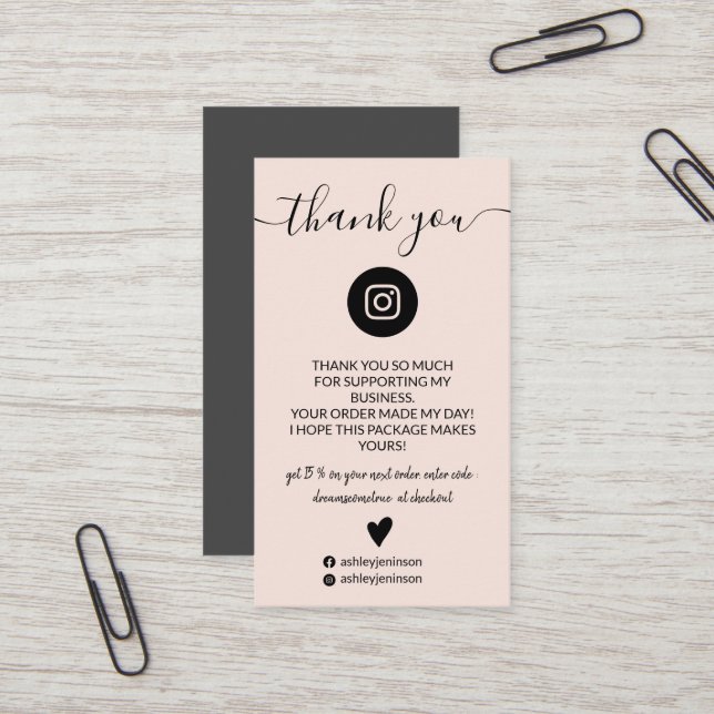 Modern minimalist blush order thank you business card (Front/Back In Situ)