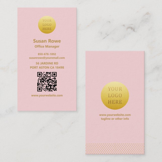 Modern Minimalist Blush Pink and Gold QR Code Business Card (Front/Back)