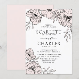 Modern Minimalist Blush Pink Flowers Wedding Invitation