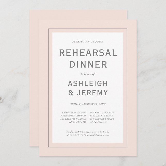 Modern Minimalist Blush Pink Grey Rehearsal Dinner Invitation (Front/Back)