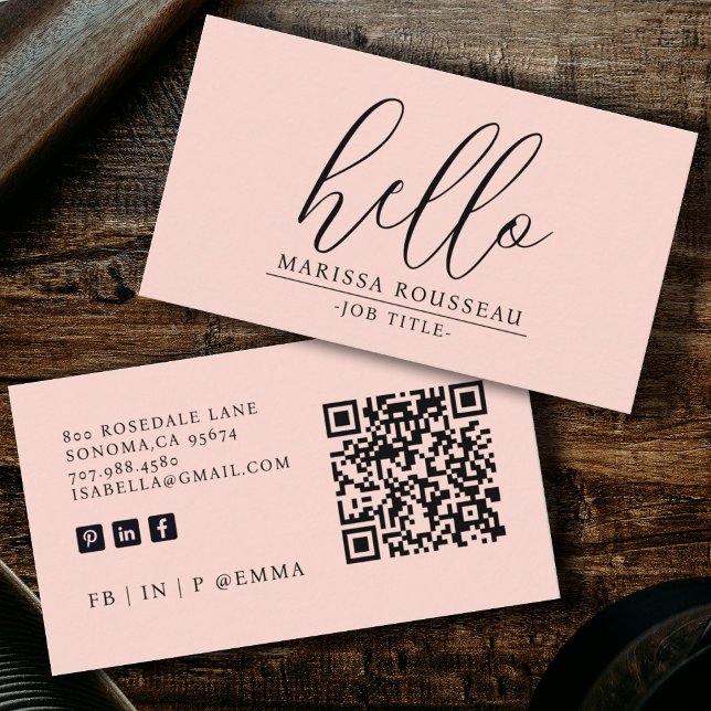 Modern Minimalist Blush Pink Hello QR Code Business Card (Creator Uploaded)