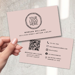 Modern Minimalist Blush Pink Logo QR Code Business Card