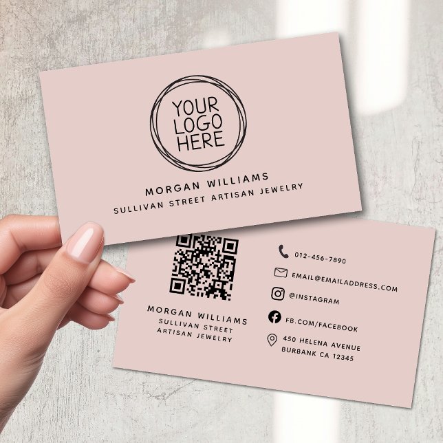 Modern Minimalist Blush Pink Logo QR Code Business Card (Creator Uploaded)