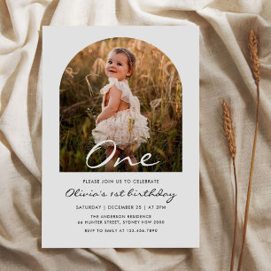 Modern Minimalist Boho 1st Birthday Photo Invitation