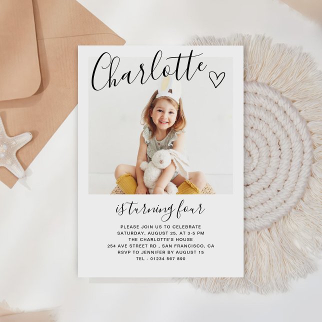 Modern Minimalist Boho 4th Birthday Photo Invitation (Creator Uploaded)