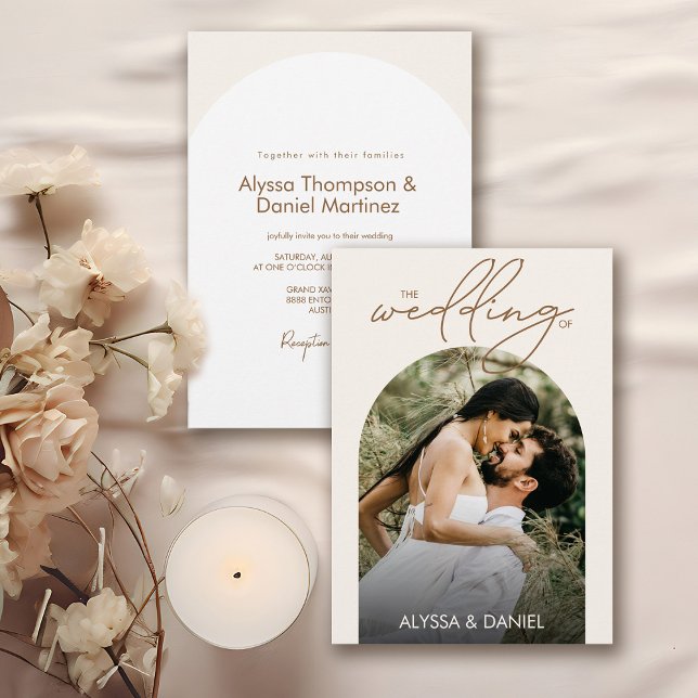 Modern Minimalist Boho Arch Photo Wedding Invitation (Boho arch custom photo unique wedding invitation.)