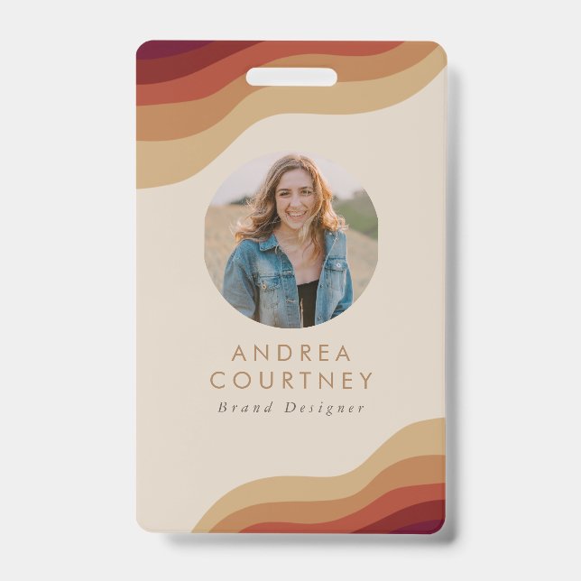 Modern Minimalist Boho Beige Photo QR Name ID Badge (Front)