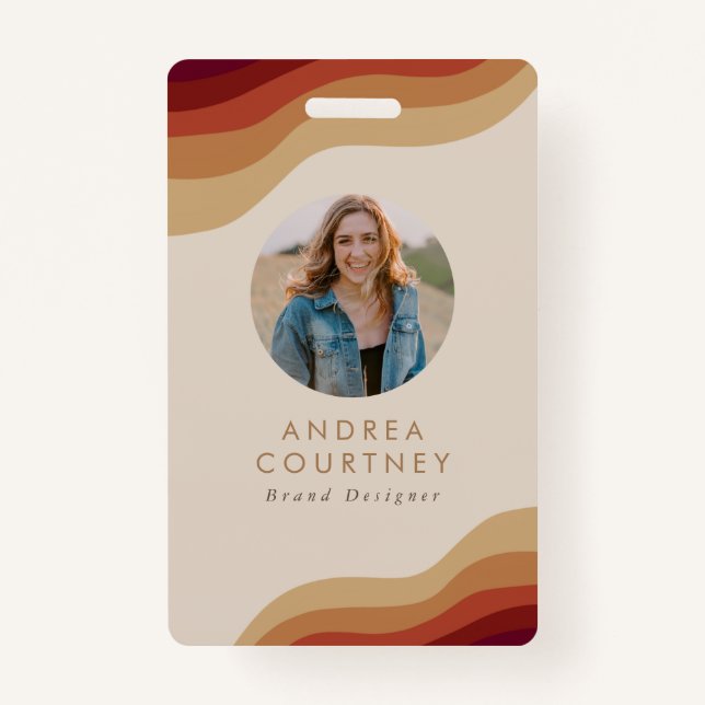 Modern Minimalist Boho Beige Photo QR Name ID Badge (Front)