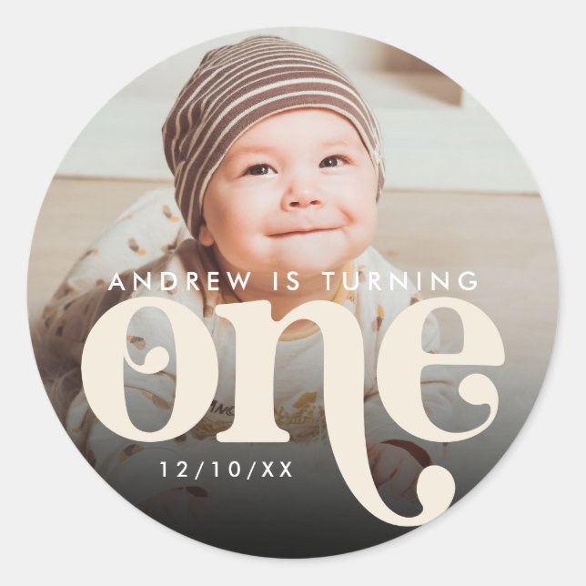 Modern Minimalist Boho First Birthday Photo  Classic Round Sticker (Front)