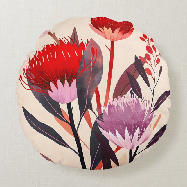 Modern Minimalist Boho Floral Botanical Round Cushion (Front)