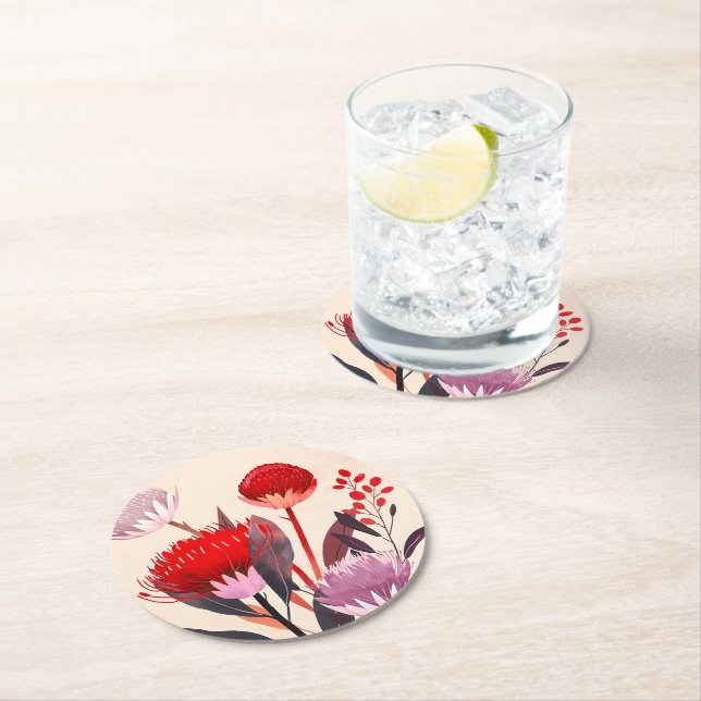 Modern Minimalist Boho Floral Botanical Round Paper Coaster (Insitu)