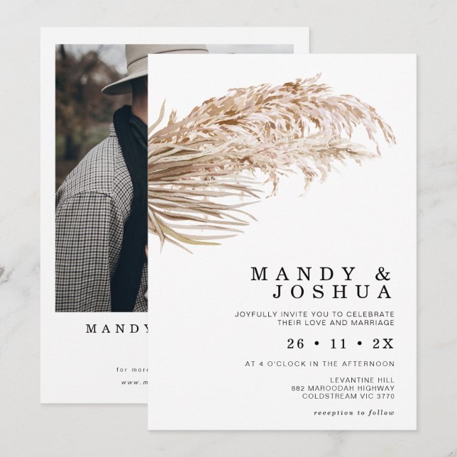 Modern Minimalist Boho Palm Pampas Grass Wedding Invitation (Front/Back)