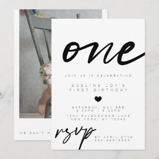 Modern Minimalist Boho Photo First Birthday Invitation