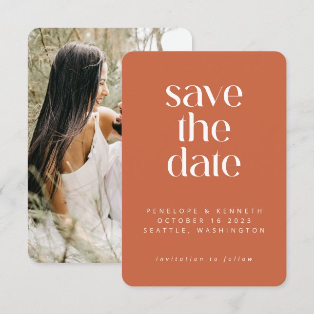 Modern Minimalist Boho Terracotta Simple Photo Save The Date (Front/Back)