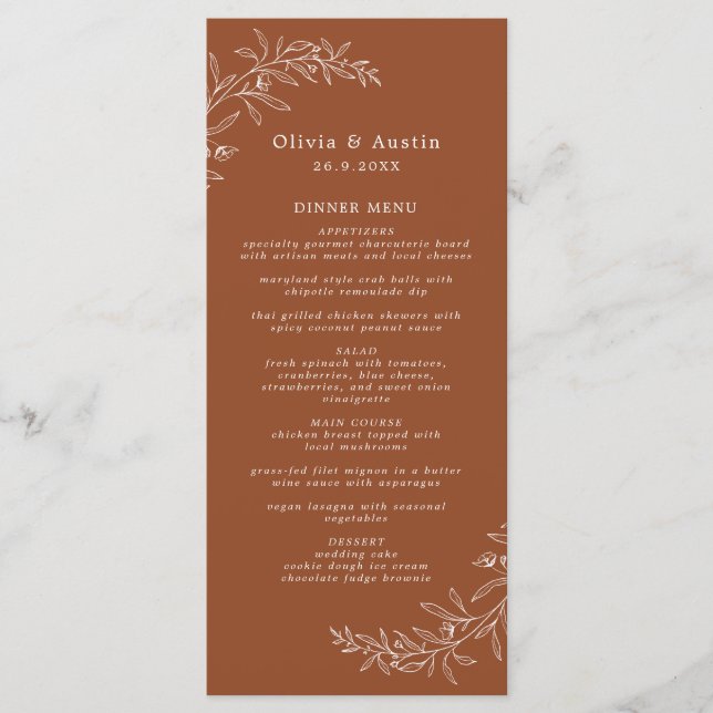 Modern Minimalist Boho Terracotta Wedding Dinner Menu (Front)