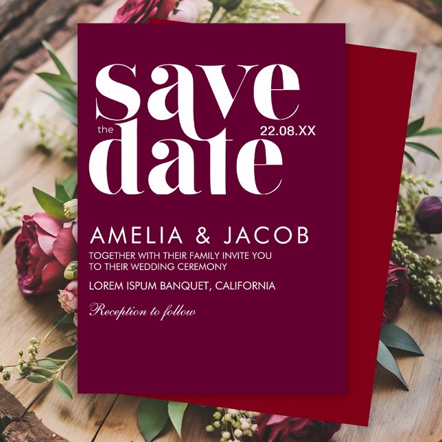 Modern minimalist Bold Burgundy maroon Wedding Save The Date (Creator Uploaded)