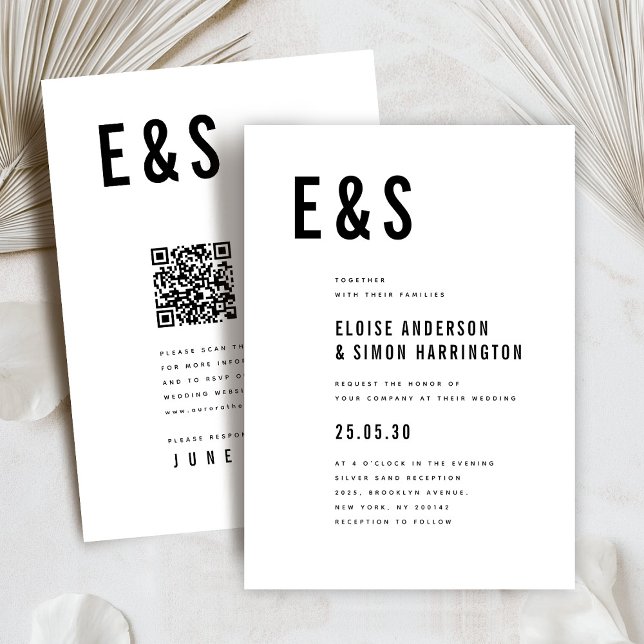 Modern Minimalist Bold Monogram QR Code Wedding Invitation (Bold initials Modern minimalist classic QR code wedding invitation)