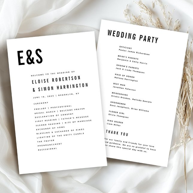 Modern Minimalist Bold Monogram Wedding Program (Modern Minimalist Bold Monogram Classic Retro Wedding Program)