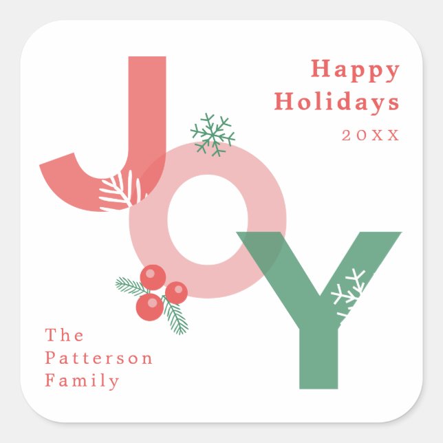 Modern Minimalist Bold Script JOY Holiday Square Sticker (Front)