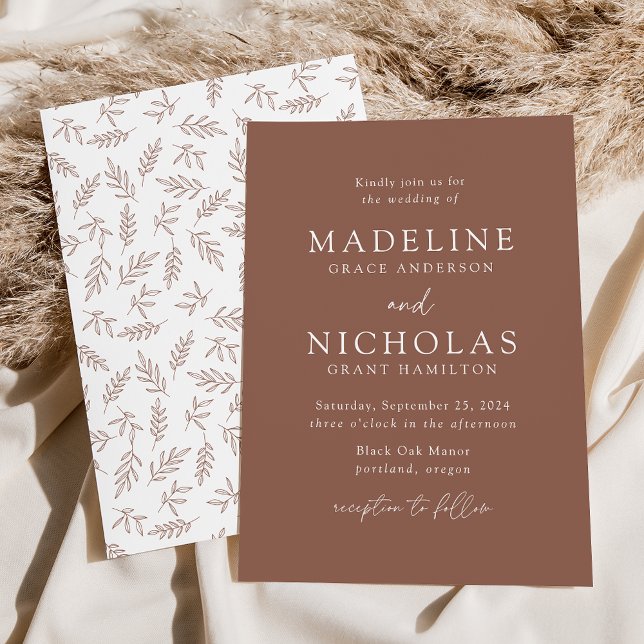 Modern Minimalist Botanical Brown Clay Wedding Invitation (Creator Uploaded)