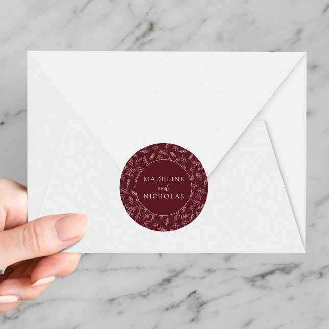 Modern Minimalist Botanical Burgundy Wedding Classic Round Sticker (Creator Uploaded)