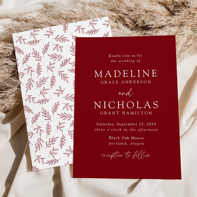 Modern Minimalist Botanical Burgundy Wedding Invitation (Creator Uploaded)