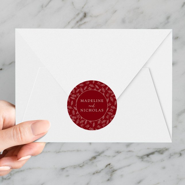 Modern Minimalist Botanical Crimson Wedding Classic Round Sticker (Creator Uploaded)
