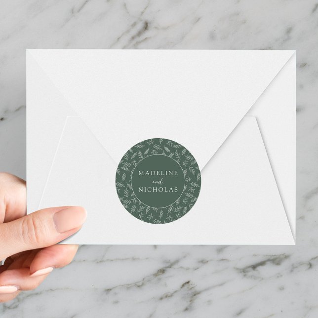 Modern Minimalist Botanical Dark Sage Wedding Classic Round Sticker (Creator Uploaded)