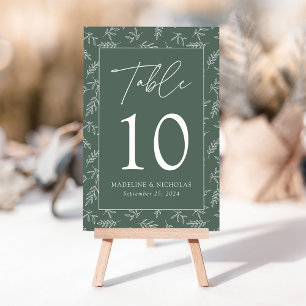 Modern Minimalist Botanical Dark Sage Wedding Table Number