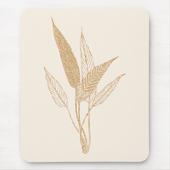 Modern Minimalist Botanical Leaves Drawing Gold Mouse Mat (Front)