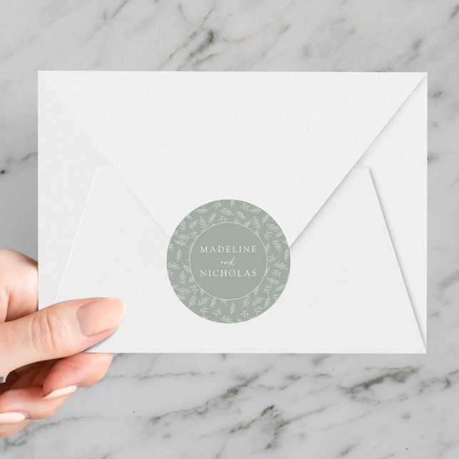 Modern Minimalist Botanical Sage Green Wedding Classic Round Sticker (Creator Uploaded)
