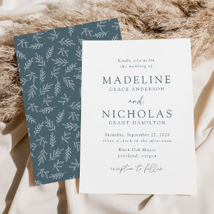 Modern Minimalist Botanical Smoky Blue Wedding Invitation