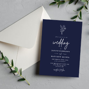 Modern Minimalist Botanicals Navy Blue Wedding Invitation