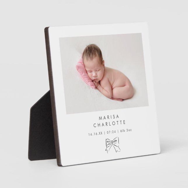 Modern Minimalist Bow Baby Girl Birth Stats Photo Plaque (Front)
