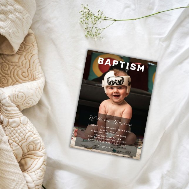 Modern Minimalist Boy Baby Photo Baptism Invitation (Modern Minimalist Boy Baby Photo Baptism Invitation)