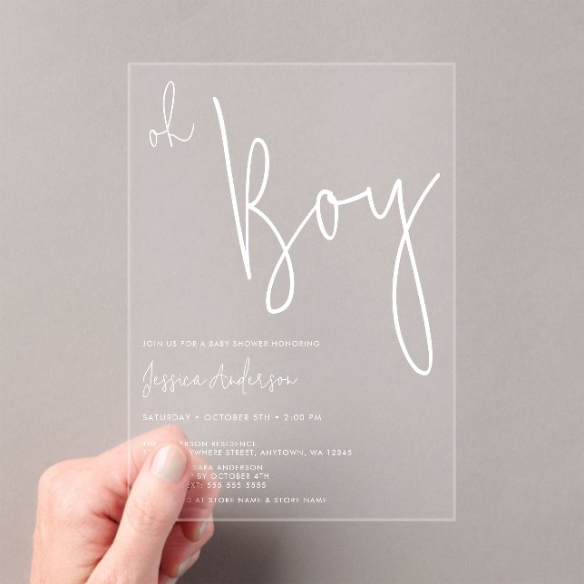 Modern Minimalist Boy Baby Shower Acrylic Invitations (Insitu (Handheld))